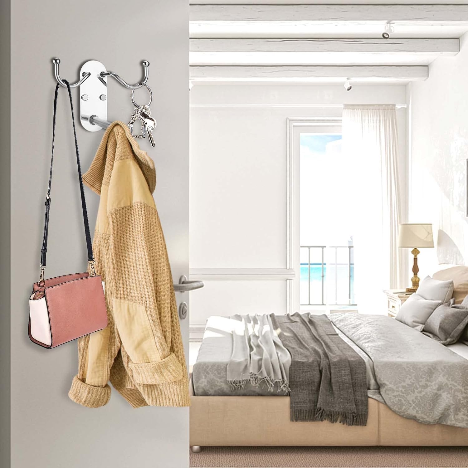 Retractable Clothes Hanger Storage organiser with Two Multi-Purpose coat Hooks,Stainless Steel Clothes Rack Storage Organiser