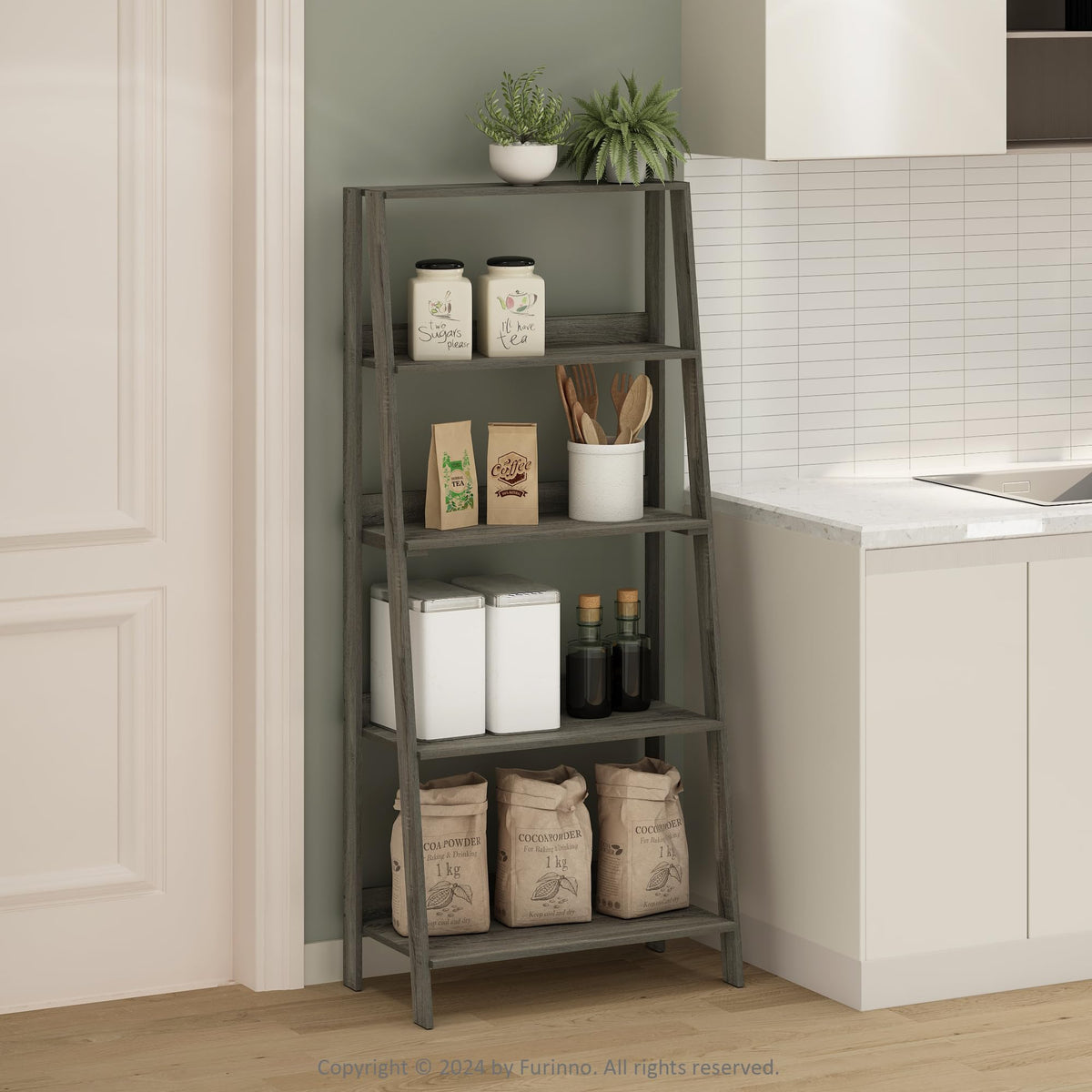Furinno LADDER Display Shelf, 5-Tier Ladder Shelf, Ladder Bookshelf, Display Storage Shelves, 33 x 59.9 x 135.9 cm, for Living Room, Home Office