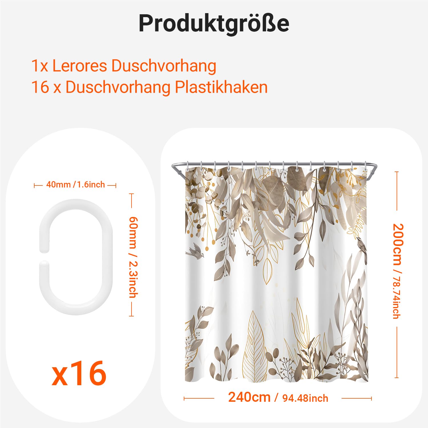 Lerores Shower Curtain, 240 x 200 cm, Grey Autumn Leaves, Weighted Hem, Anti-Mould, Water-Repellent