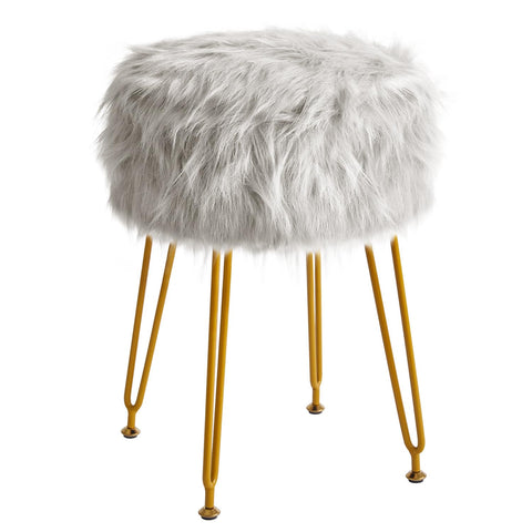 IBUYKE Round Faux Fur Vanity Stool with Storage, Makeup Chair, Gray WBD021G