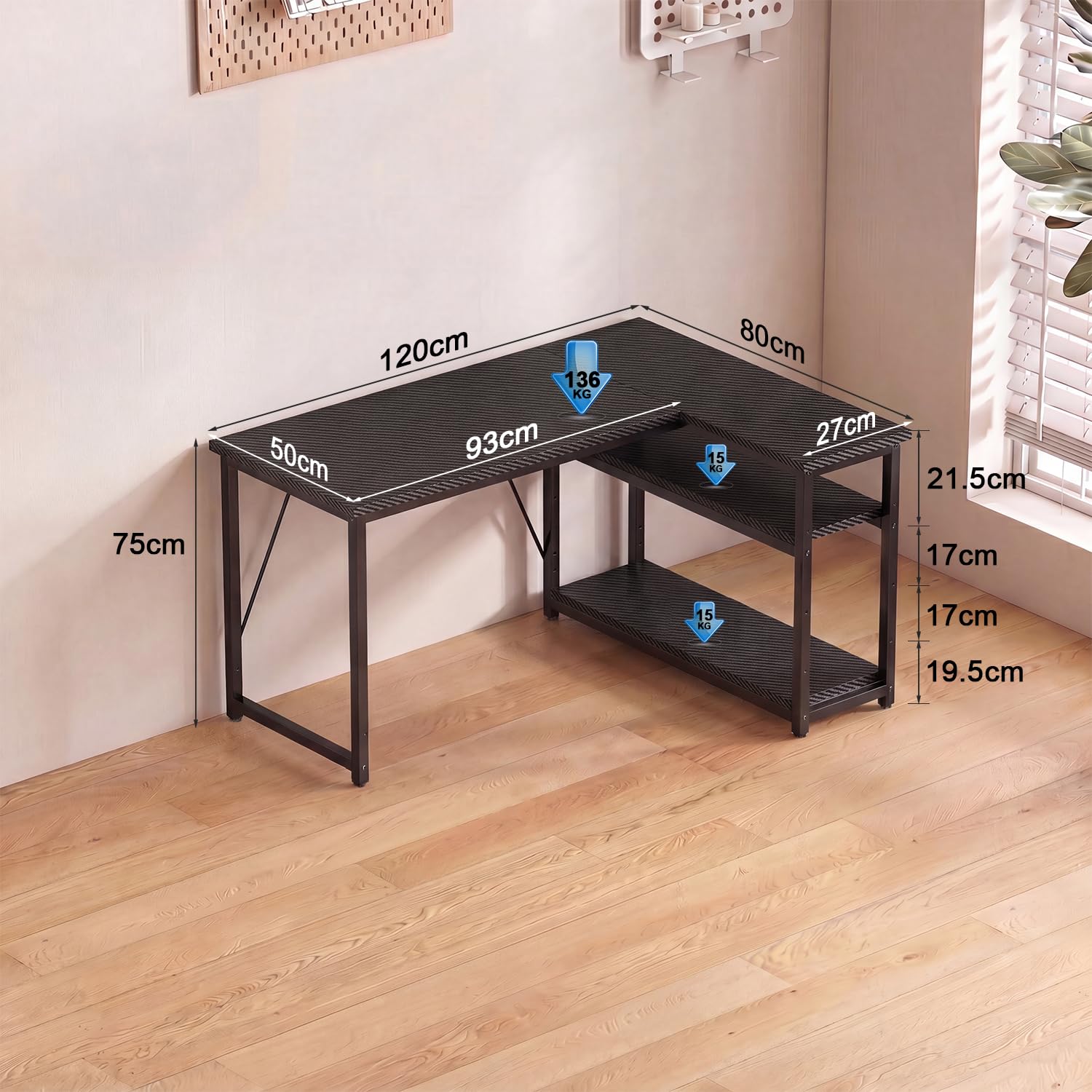 JUMMICO Small 120x80cm L-Shaped Corner Desk with Storage,Compact Corner Computer Desk for Home Office, Carbon Fibre Black