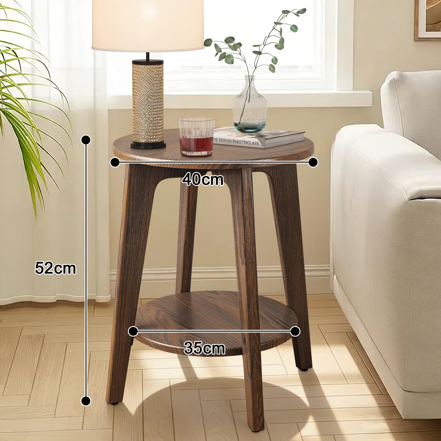 FEUFOAM Small Round Side Table Wooden End Table with Lower Shelf Modern Nightstand Bedside Tables for Small Spaces, Living Room, Bedroom Rustic Brown