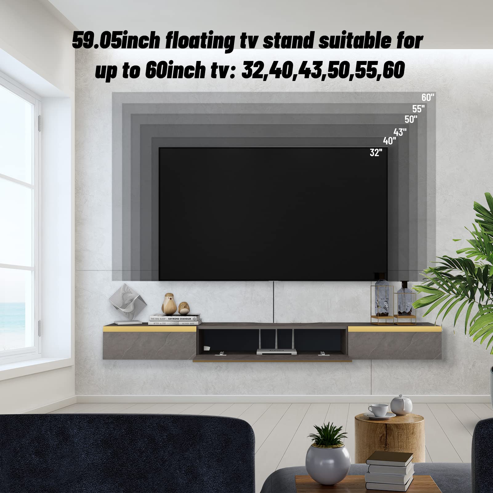 Pmnianhua Floating TV Unit, 59'' Wall Mounted TV Cabinet, Floating Shelves with 2 Drawers and 1 Door