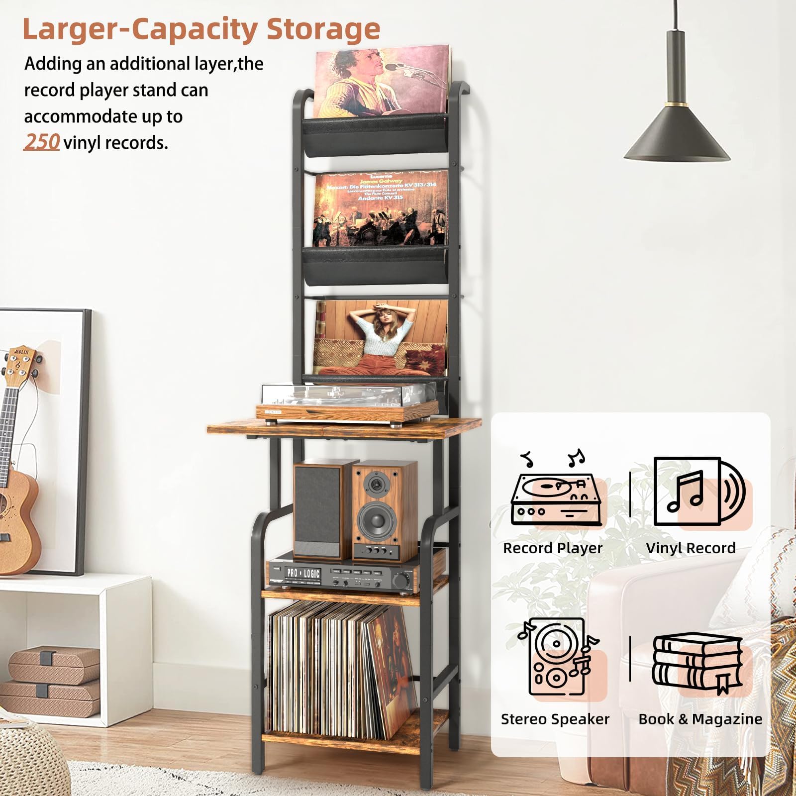 Bikoney Tall Record Player Stand with Vinyl Storage for 200 Albums