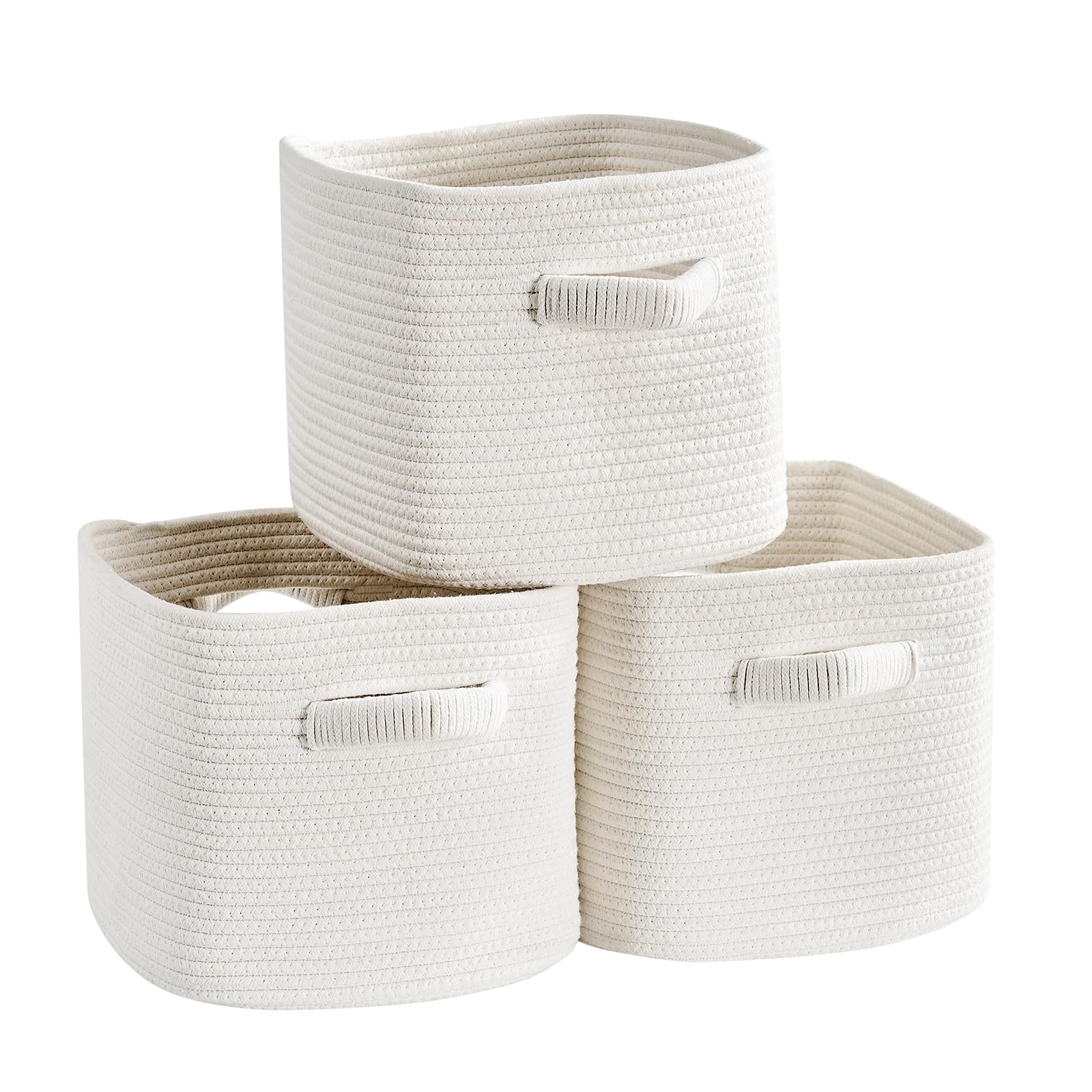 Mangata Set of 3 White Cotton Rope Cube Storage Baskets with Handles, 28x28x25cm, Woven Organisers for Shelves, Bathroom, Bedroom