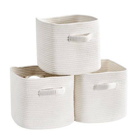 Mangata Set of 3 White Cotton Rope Cube Storage Baskets with Handles, 28x28x25cm, Woven Organisers for Shelves, Bathroom, Bedroom