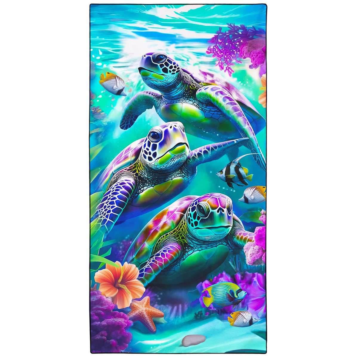 Violetpos Coral Reef Sea Turtle Group Beach Towel, Extra Large 180x90 cm 250GSM Microfibre, Sand Free Quick Dry