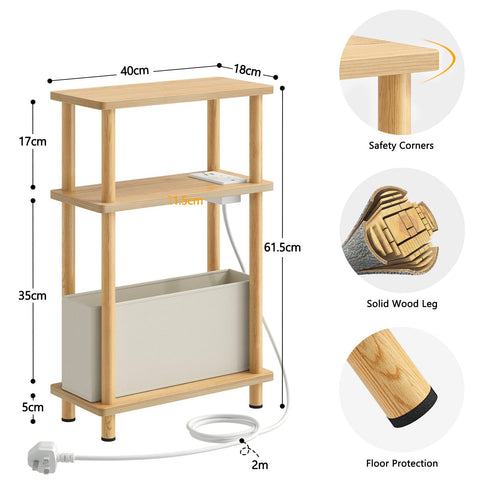 APICIZON Narrow Side Table, 3 Tier Bed Side Table, Slim End Table with Charging Station, for Living Room, Bedroom