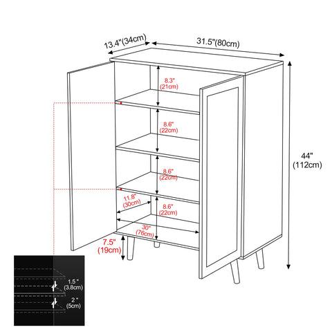 Yvsevnr Rattan Sideboard Cabinet with 2 Doors, Kitchen Storage Cupboard with Adjustable Shelves for Living Room Hallway Entryway