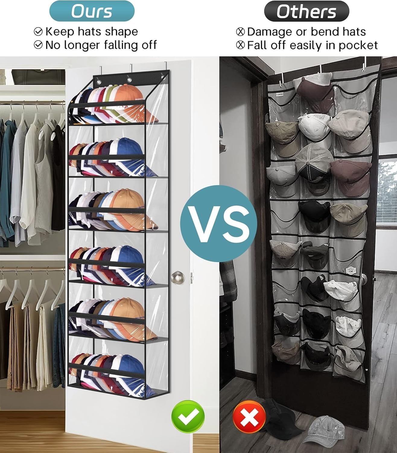 AOODA Clear Over The Door Hat Racks for Baseball Caps, Large Holds up to 72 Caps Hat Storage Organizer for Closet Wall