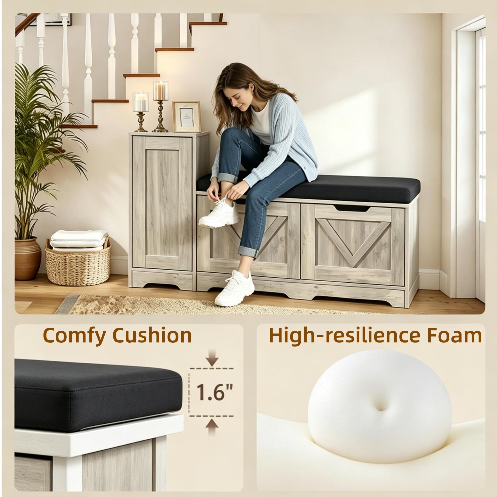 YITAHOME Shoe Bench with Side Cabinet, Padded Seat, 105cm, Grey