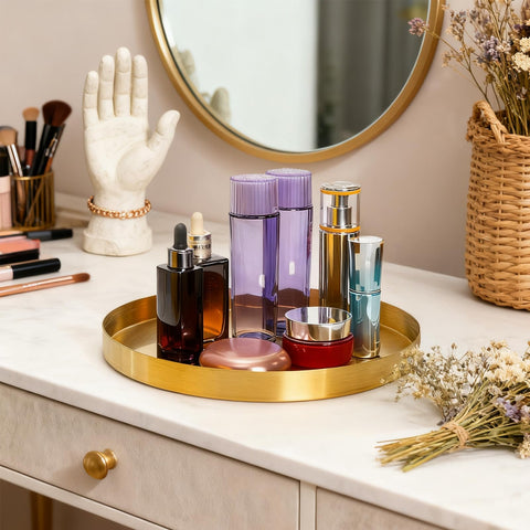 Jucoan 30 CM Round Gold Serving Tray, Modern Brass Decorative Dresser Tray for Jewelry, Perfume, Makeup