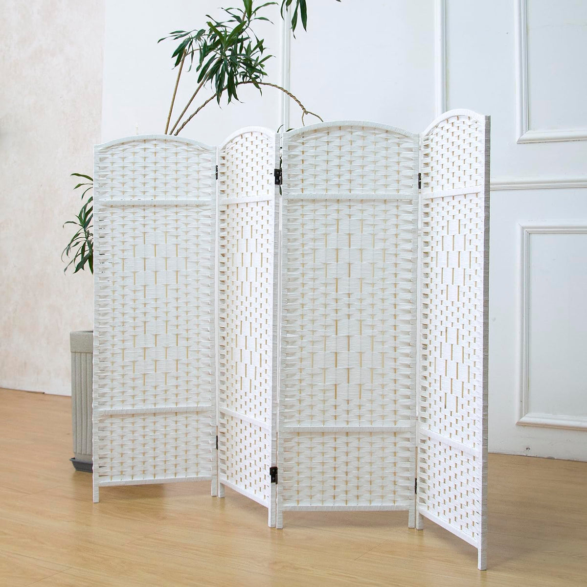 Furnnylane 4 Panel White Rattan Divider Short Room Partition Screen,Double Sided Short Folding Divider for Room Separation,120 cm Tall