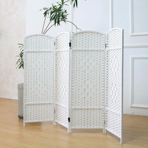 Furnnylane 4 Panel White Rattan Divider Short Room Partition Screen,Double Sided Short Folding Divider for Room Separation,120 cm Tall