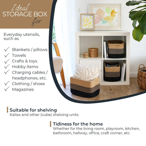 HMF Storage Basket with Hidden Handles, Set of 3, Cotton Basket, 37.5 x 25 x 22.5 cm, Black Honey