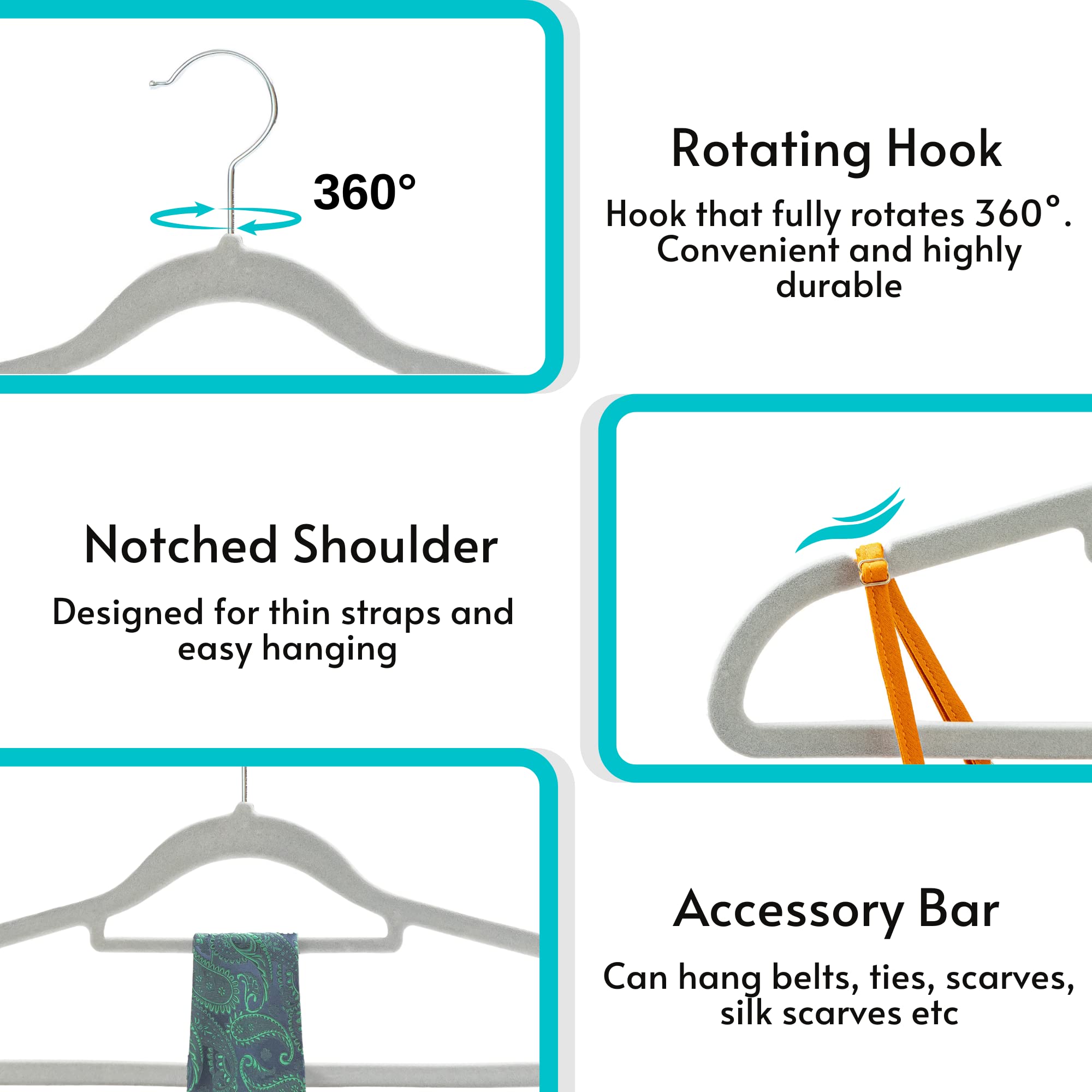 50 Non Slip Velvet Hangers | Heavy Duty Grey Felt Coat Hangers |360 Degree Swivel Hooks |Premium Space Saving Design
