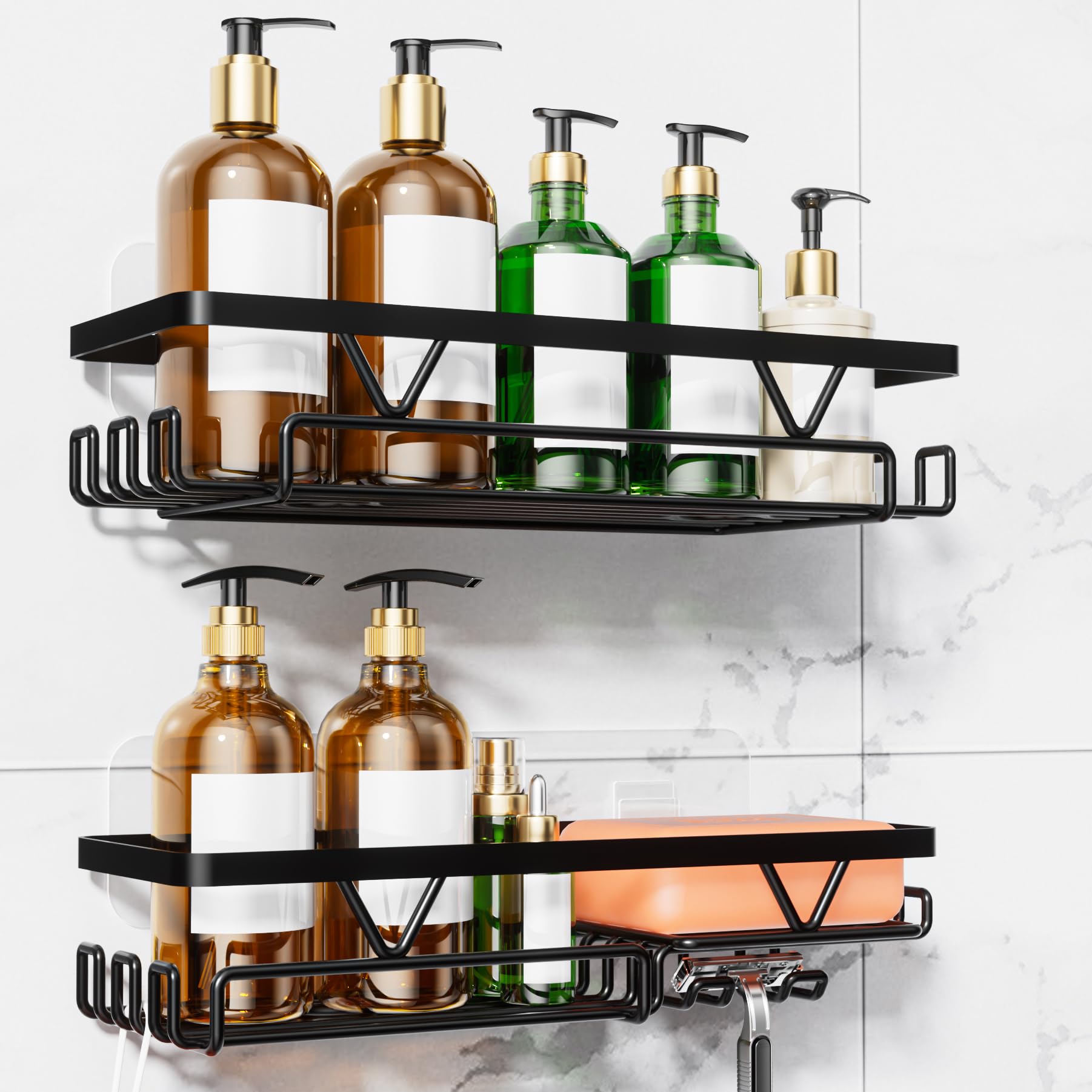 KEGII 2 Pack Adhesive Shower Caddy - Black Stainless Steel Shower Shelf with Soap & Razor Holder, No Drill for Bathroom Kitchen, 5KG Load Capacity