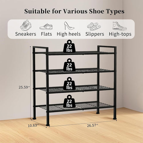 DongRong 4-Tier Shoe Rack, Metal Shoe Storage Organizer, Black