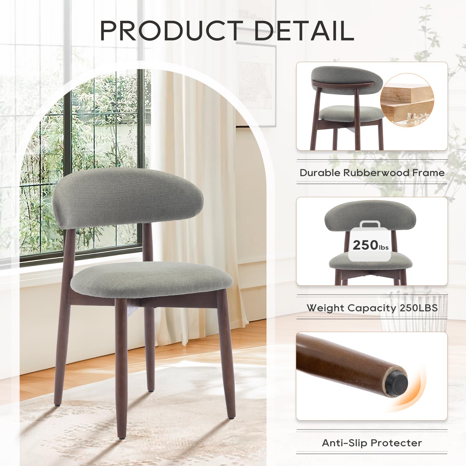 COLAMY Modern Dining Chairs Set with Wooden Legs – Upholstered Fabric Dining Room Chairs with Curved Backrest, Soft Cushion Seat
