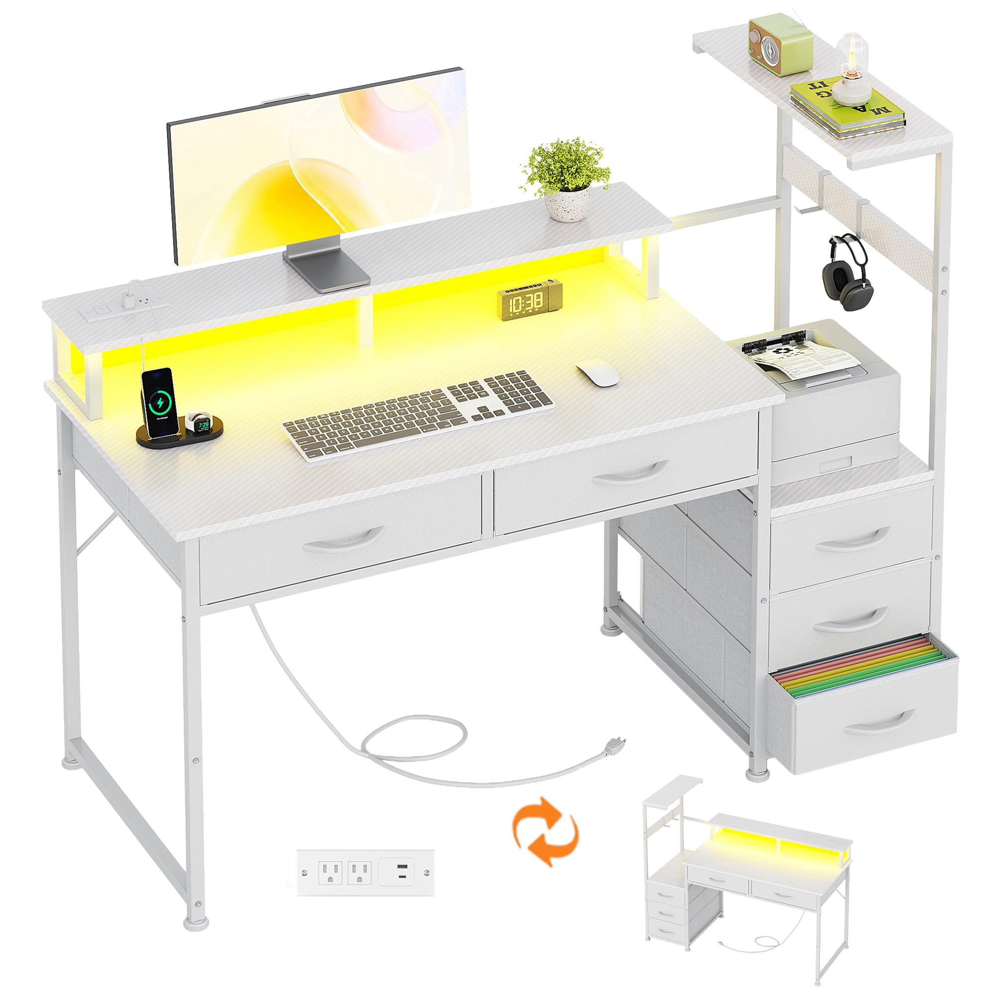 WEMANER 120cm Computer Desk with 5 Fabric Drawers, Reversible Home Office Desk with Printer Cabinet, Writing Desk with Monitor Stand & Power Outlets