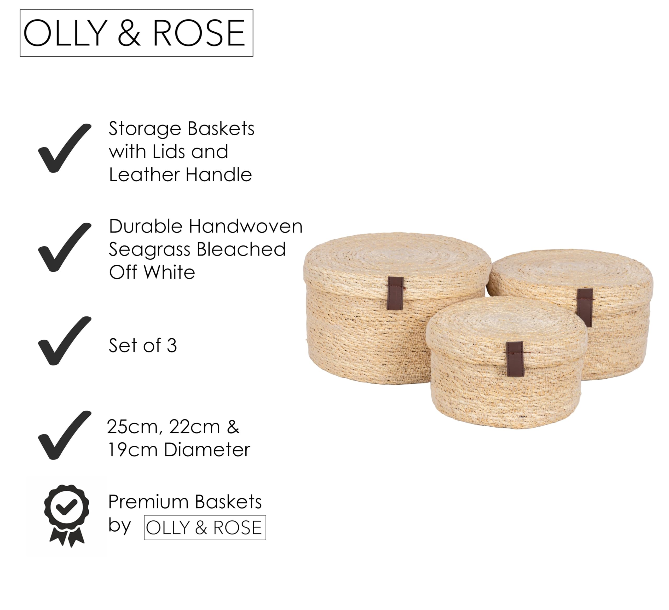 Olly & Rose Set 3 Natural Seagrass Storage Baskets with Lids - Bleached Off-White - Durable 25,22,19cm Premium Home Decor
