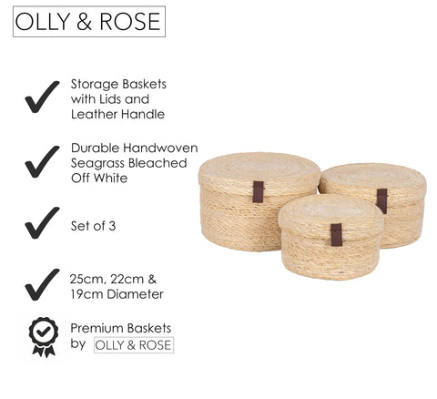 Olly & Rose Set 3 Natural Seagrass Storage Baskets with Lids - Bleached Off-White - Durable 25,22,19cm Premium Home Decor