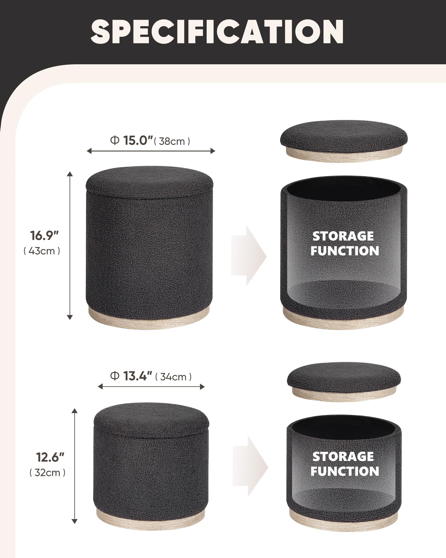 Bonlife Set of 2 Round Ottoman with Tray, Vanity Stool with Storage