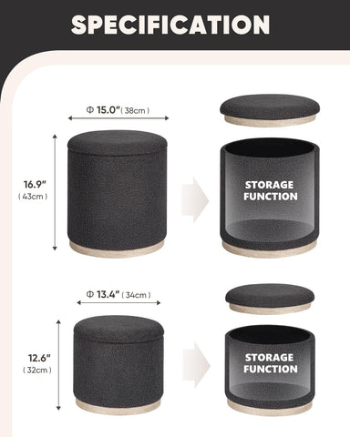 Bonlife Set of 2 Round Ottoman with Tray, Vanity Stool with Storage