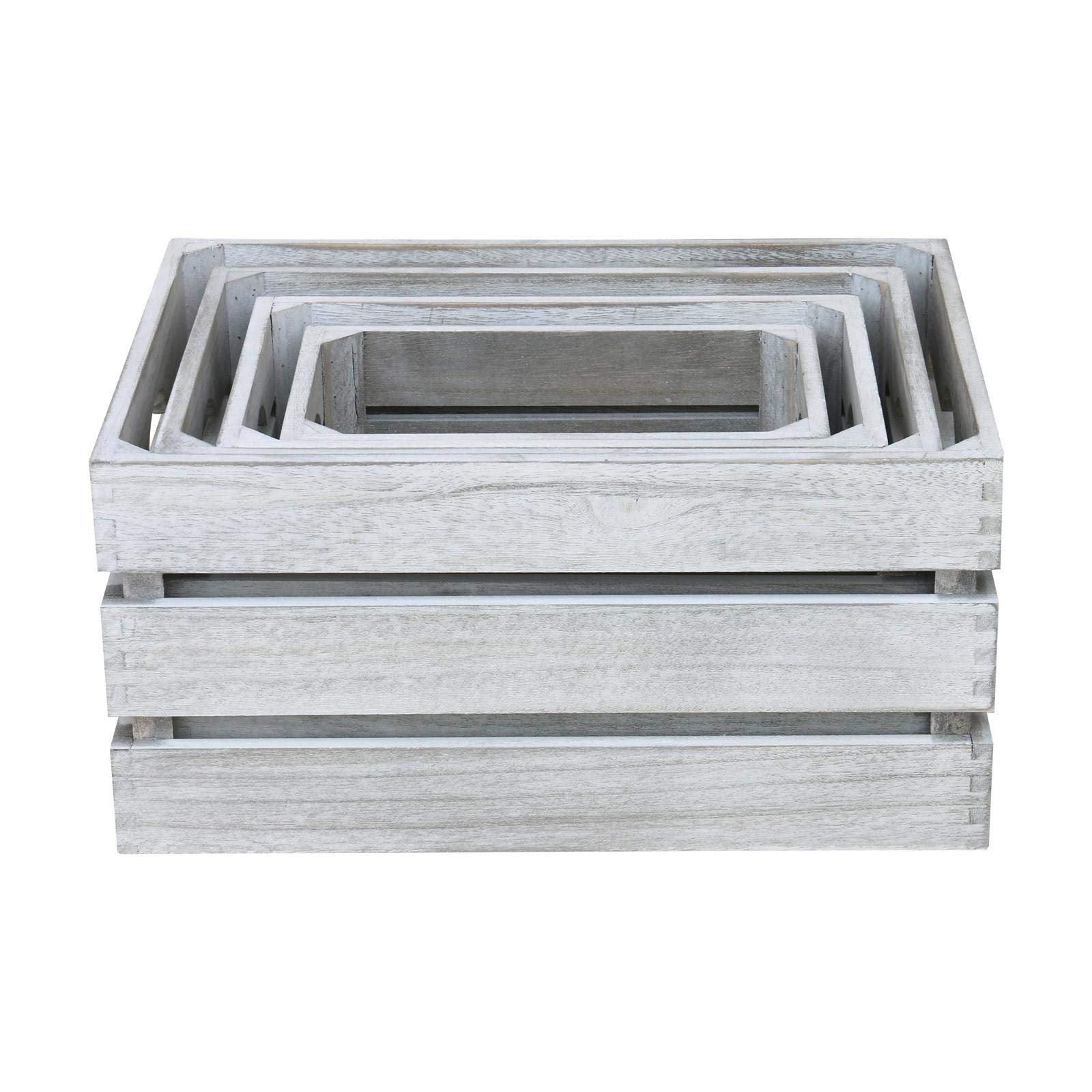 Hodge and Hodge Vintage Wooden Crate Set of 4 Slatted Fruit Boxes with Handles Natural Whitewash Finish