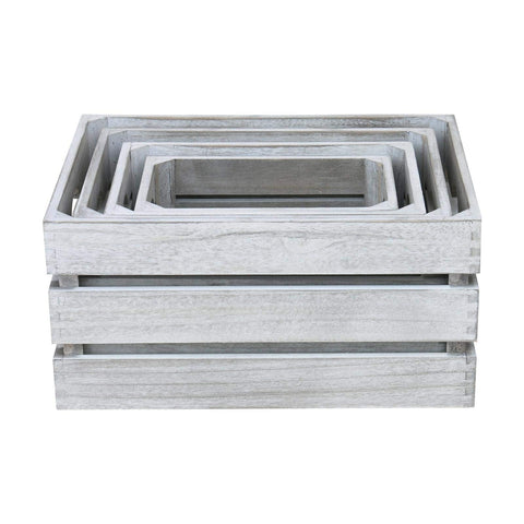 Hodge and Hodge Vintage Wooden Crate Set of 4 Slatted Fruit Boxes with Handles Natural Whitewash Finish