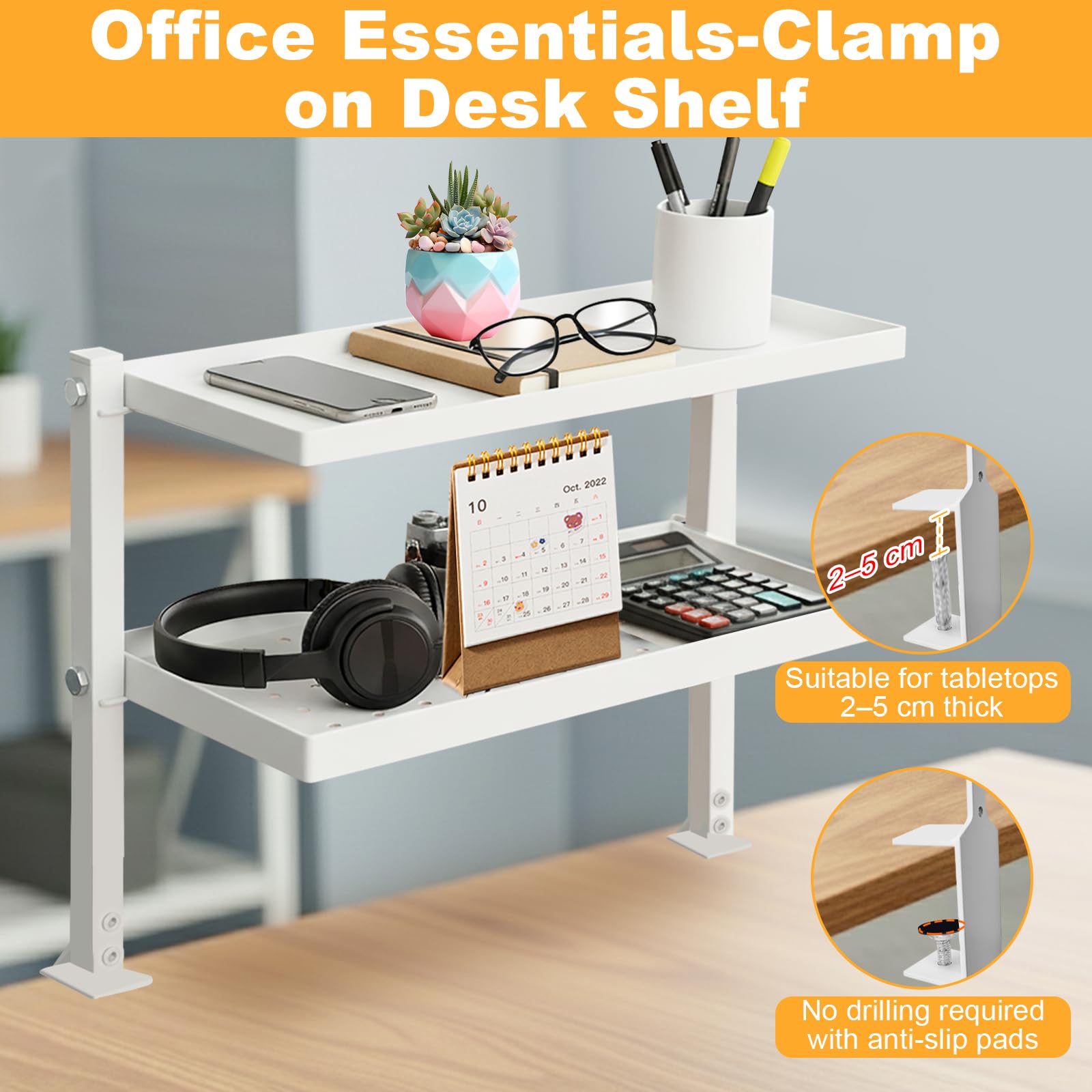 Cyiecw Clamp On Desk Shelf 2-Tier, 34cm Desktop Bookshelf with Pegboard, 270° Rotating Desk Storage Organizer for Home, Office, or Dorm, White