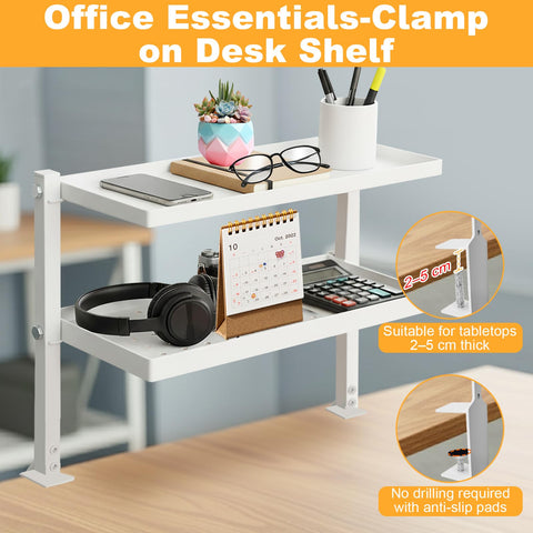 Cyiecw Clamp On Desk Shelf 2-Tier, 34cm Desktop Bookshelf with Pegboard, 270° Rotating Desk Storage Organizer for Home, Office, or Dorm, White