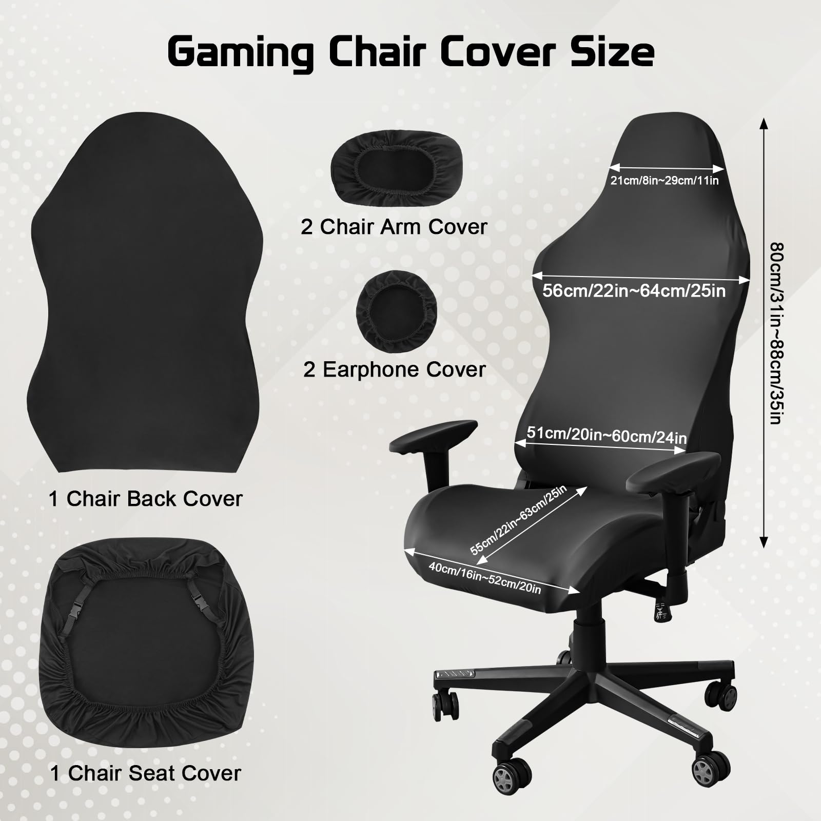 6Pcs Gaming Chair Set - Soft Breathable Black Stretch Cover & Arm & Headphone Accessories for Office & Computer Swivel Chairs