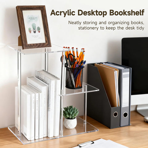 3-Tier Clear Acrylic Desktop Bookshelf, Modern Table Top Shelf Organizer with Silicone Pads, Easy to Assemble