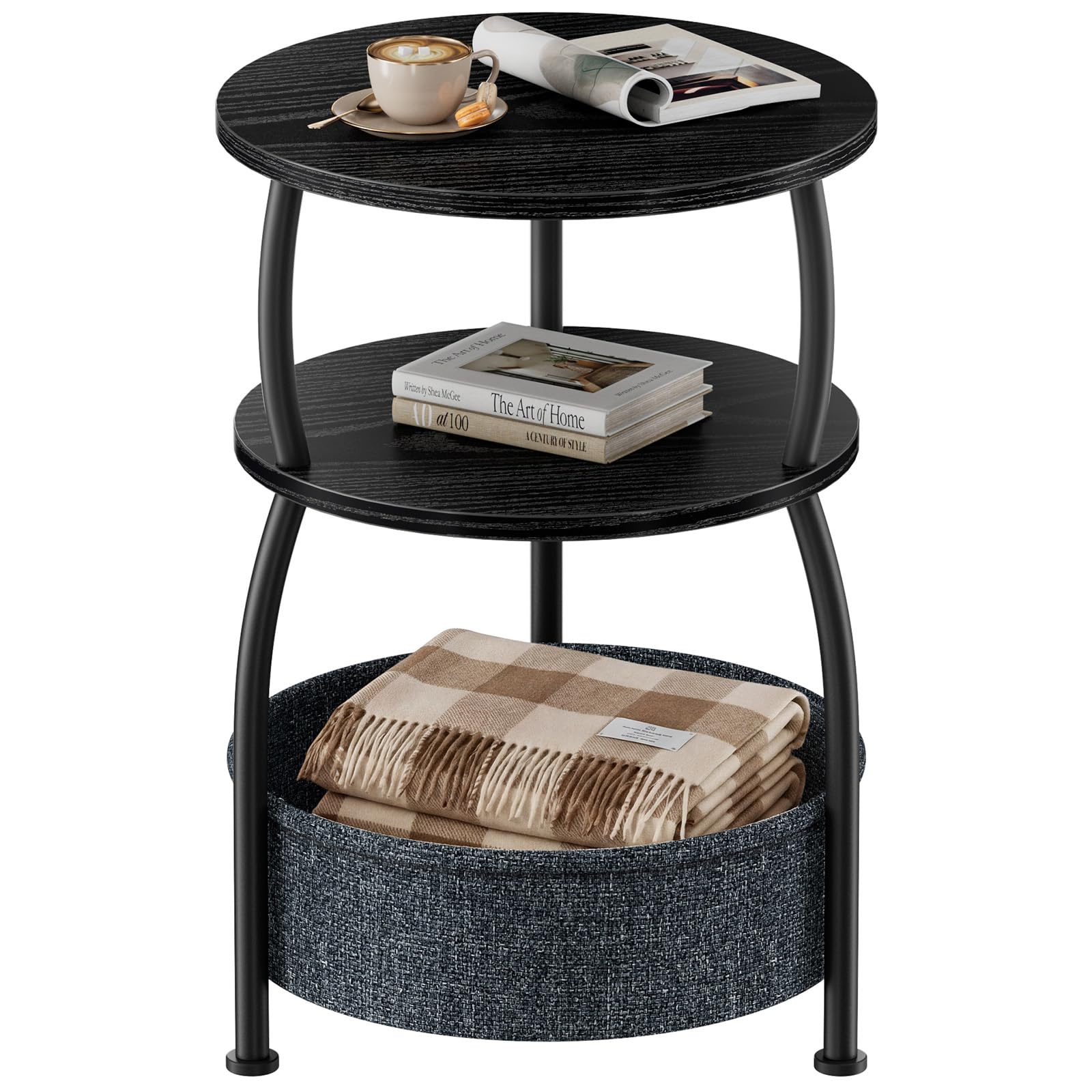 Yuede Side Table with Fabric Basket, Round End Table, 3 Tier Bedside Table, Coffee Table for Living Room, Bed Room, Modern, 40 x 61 cm, Black
