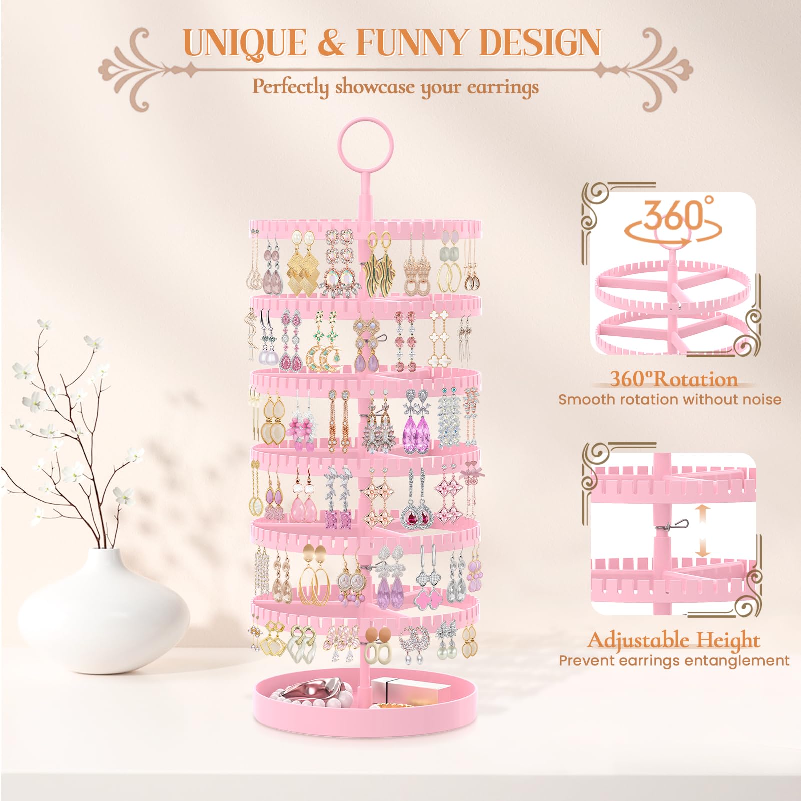 iDavosic.ly 6 Tier Rotating Earring Holder Organizer with Metal Tray, Pink