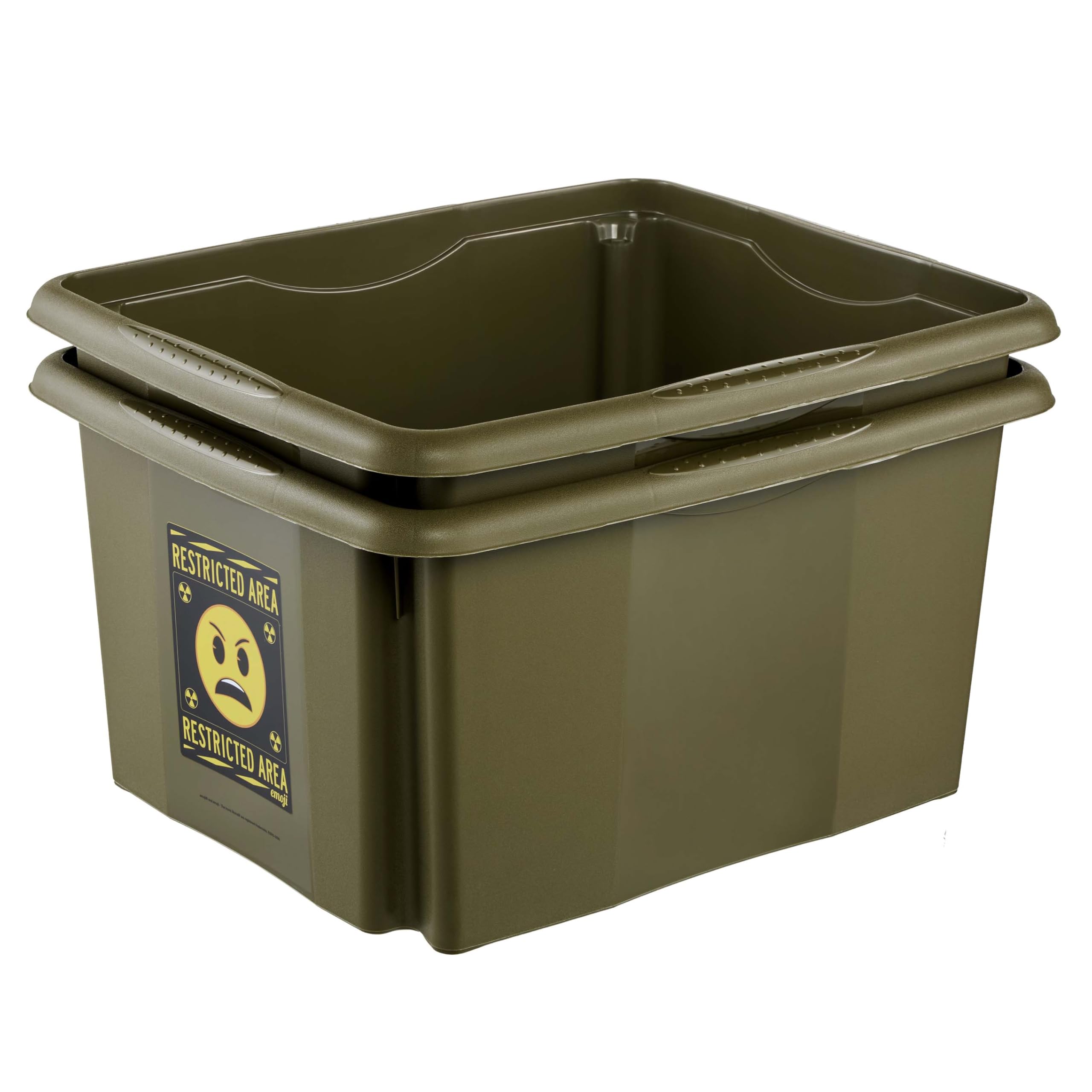 keeeper karolina storage box with lid, 24 l, rotatable and stackable, Emoji Danger design, For children, olive green (Olive)