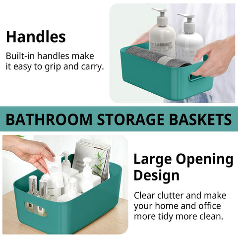 W&H 5 PCS Green Plastic Storage Boxes with Handle, Small Storage Baskets, Rectangular Home & Kitchen Organiser, Cupboard Boxes for Shelves, Bathroom