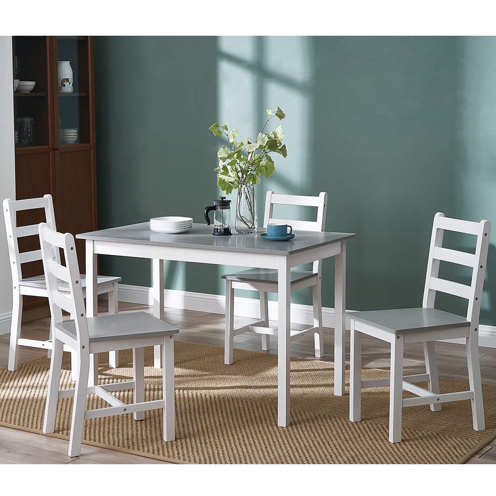 Panana Pine Wood Dining Table and 4 Chairs Set, 5-Piece Home Kitchen Furniture Set (Grey White)
