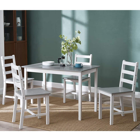 Panana Pine Wood Dining Table and 4 Chairs Set, 5-Piece Home Kitchen Furniture Set (Grey White)