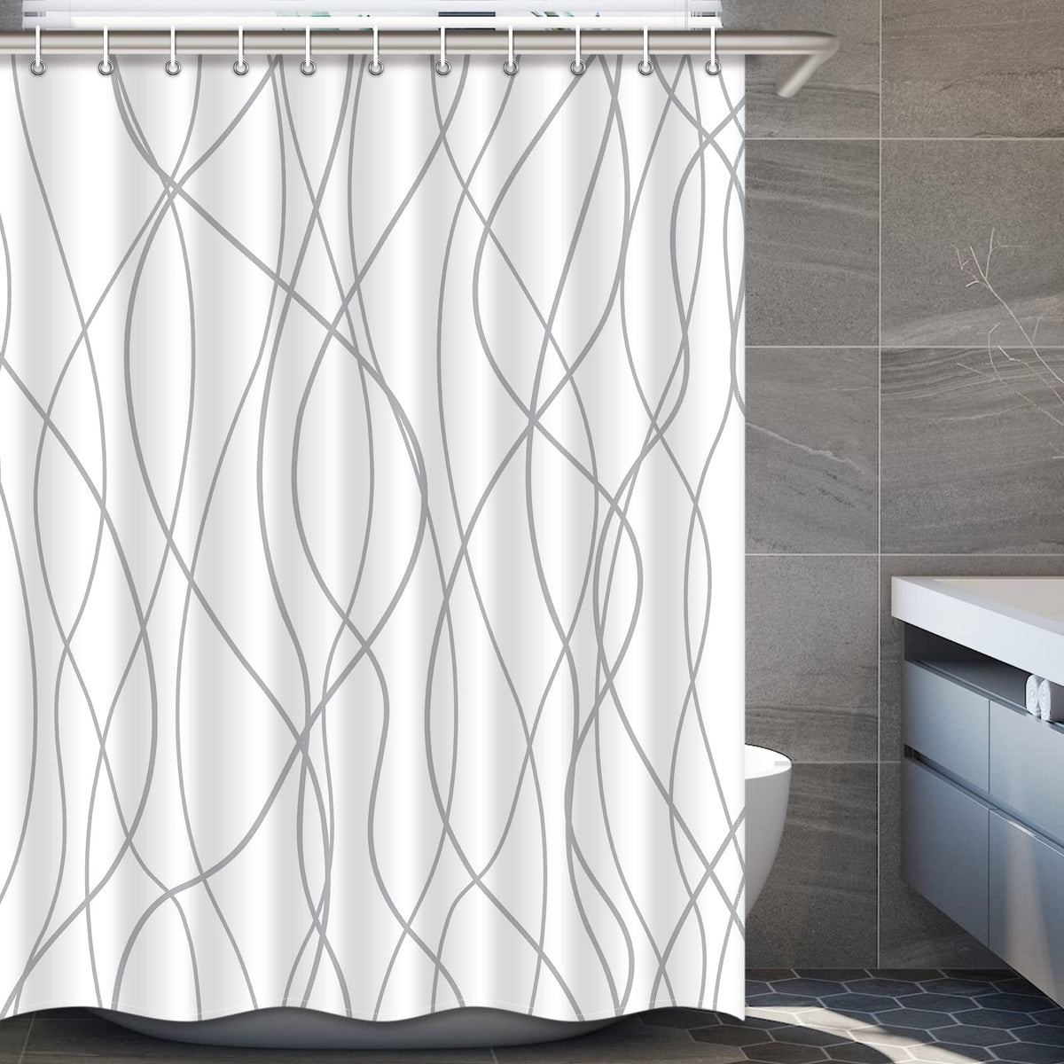 Punkray Grey and White Striped Fabric Shower Curtain for Bathroom with 12 Hooks, Shower Curtains for Bathroom