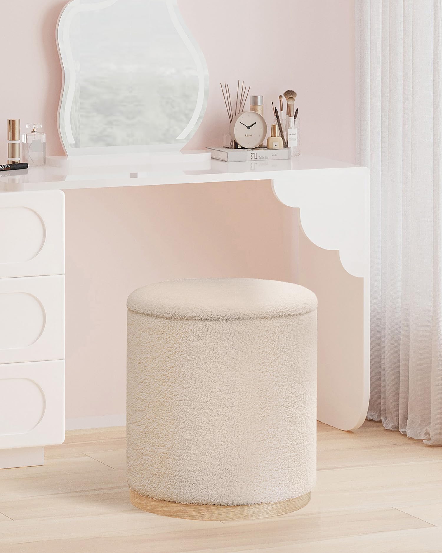 Bonlife Set of 2 Round Ottoman with Tray, Vanity Stool with Storage