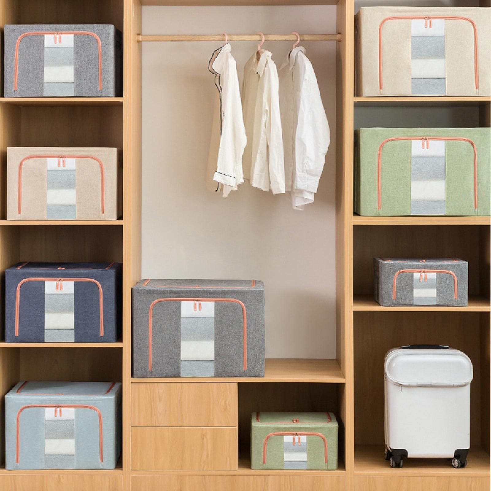 Debrymn 3Pcs 24L Grey Fabric Clothes Storage Bins with Metal Frame, Foldable, Stackable, Transparent Windows, Zippers, Durable Handles