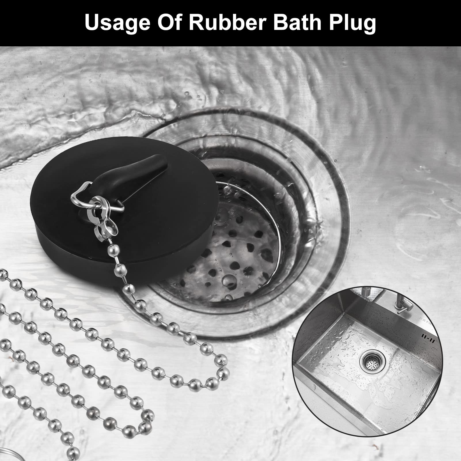 Fuyamp 2 Pcs Drain Stopper Sink Plug, Universal Bath Plug with Stainless Steel Chain and S-Shaped Hook,Drain Stopper For Bathtub Sink Bathroom