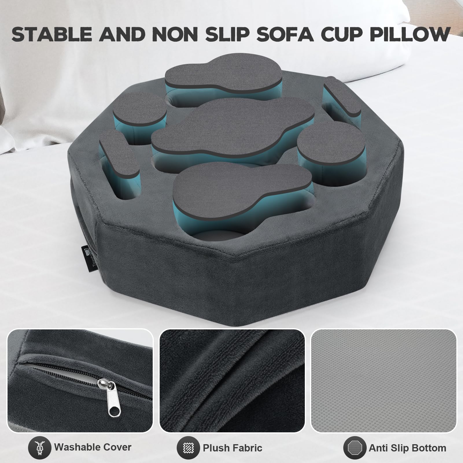 Couch Cup Holder Pillow,Couch Drink Holder,Octagon Couch Caddy for Coffee Cup,Phone,Remote,Couch Cup Holder Tray for Bed,Car,Sofa,Table (Grey)