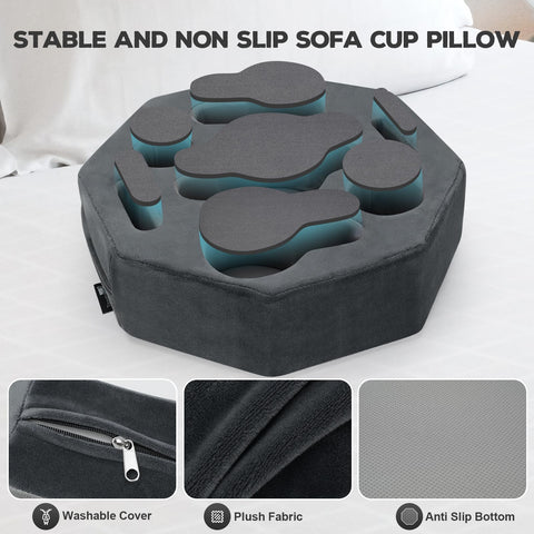 Couch Cup Holder Pillow,Couch Drink Holder,Octagon Couch Caddy for Coffee Cup,Phone,Remote,Couch Cup Holder Tray for Bed,Car,Sofa,Table (Grey)