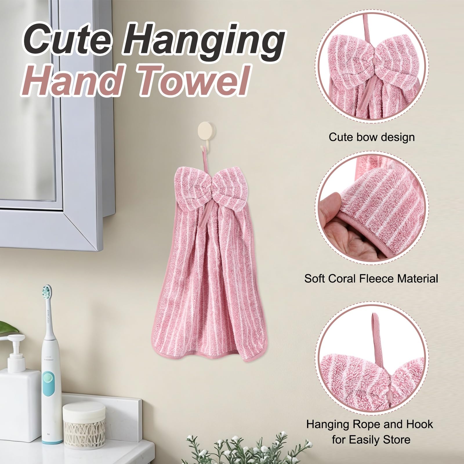 sourcing map 4Pcs Bow Hand Towels with Hanging Loop, 14.2" x 11.8" Soft Coral Fleece Microfiber Bowknot Hanging Hand Dry Towels Quick Dry and