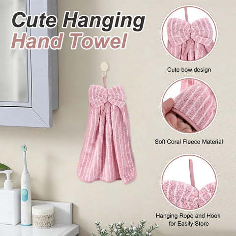 sourcing map 4Pcs Bow Hand Towels with Hanging Loop, 14.2" x 11.8" Soft Coral Fleece Microfiber Bowknot Hanging Hand Dry Towels Quick Dry and