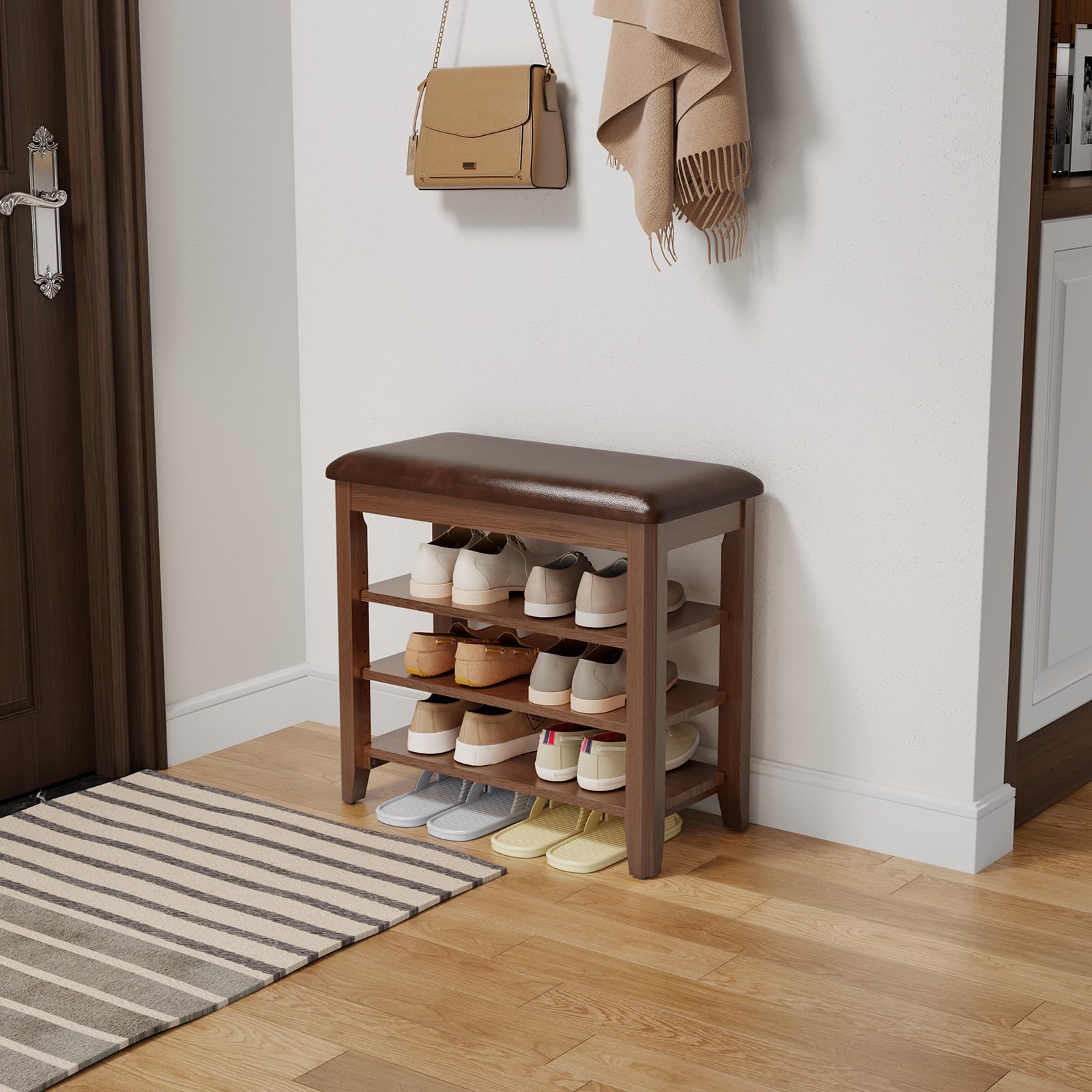 AQIMUELE Shoe Bench, Shoe Bench Storage with Seat, Wooden Shoe Rack 3-Tier, for Hallway, Entryway, Living Room, Bedroom, 60cm (Walnut)