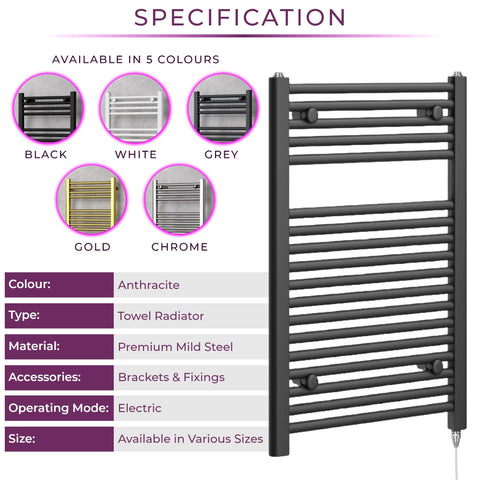 Newark Anthracite Electric Heated Towel Rail Wall Mounted Slim Ladder Design Bathroom Radiator - 770mm x 500mm